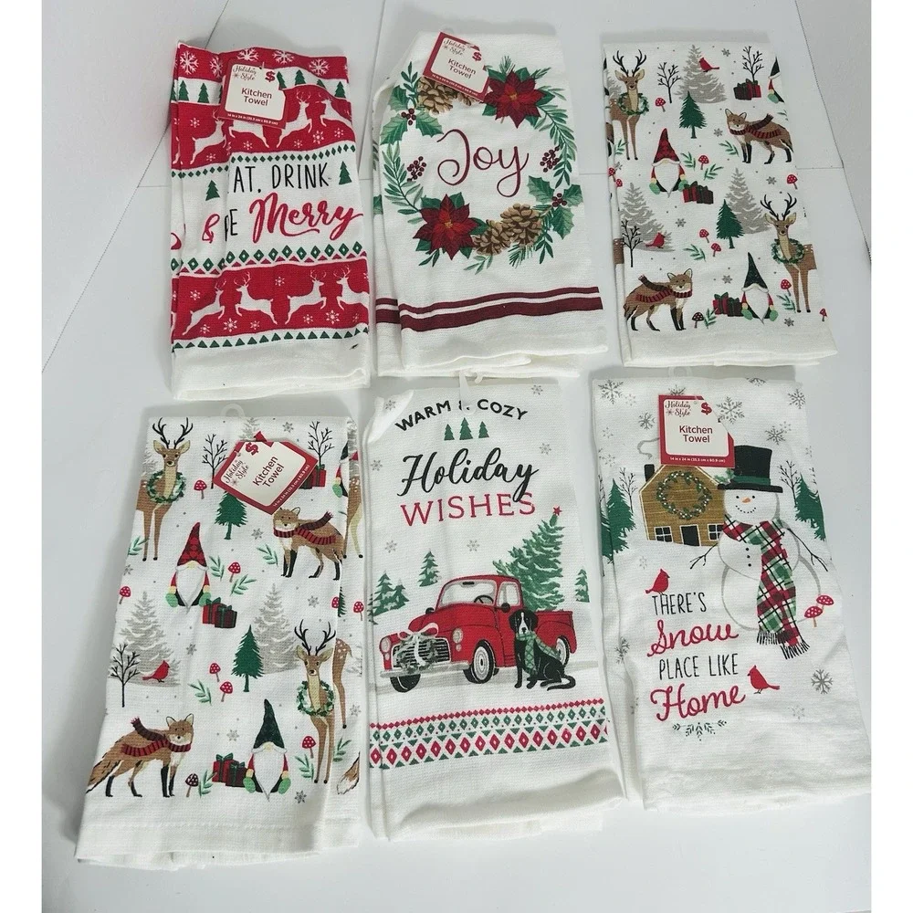 LOT of 6 Christmas Holiday Tea Hand Towels Woodland Snowman Red‎ Truck Joy Merry